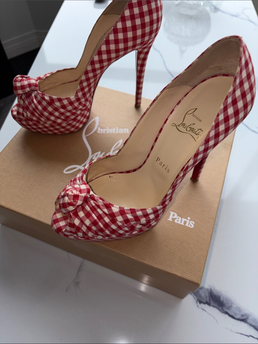 Christian Louboutin Red and White Gingham Peep-Toe Knot Pumps - Picture 5 of 12
